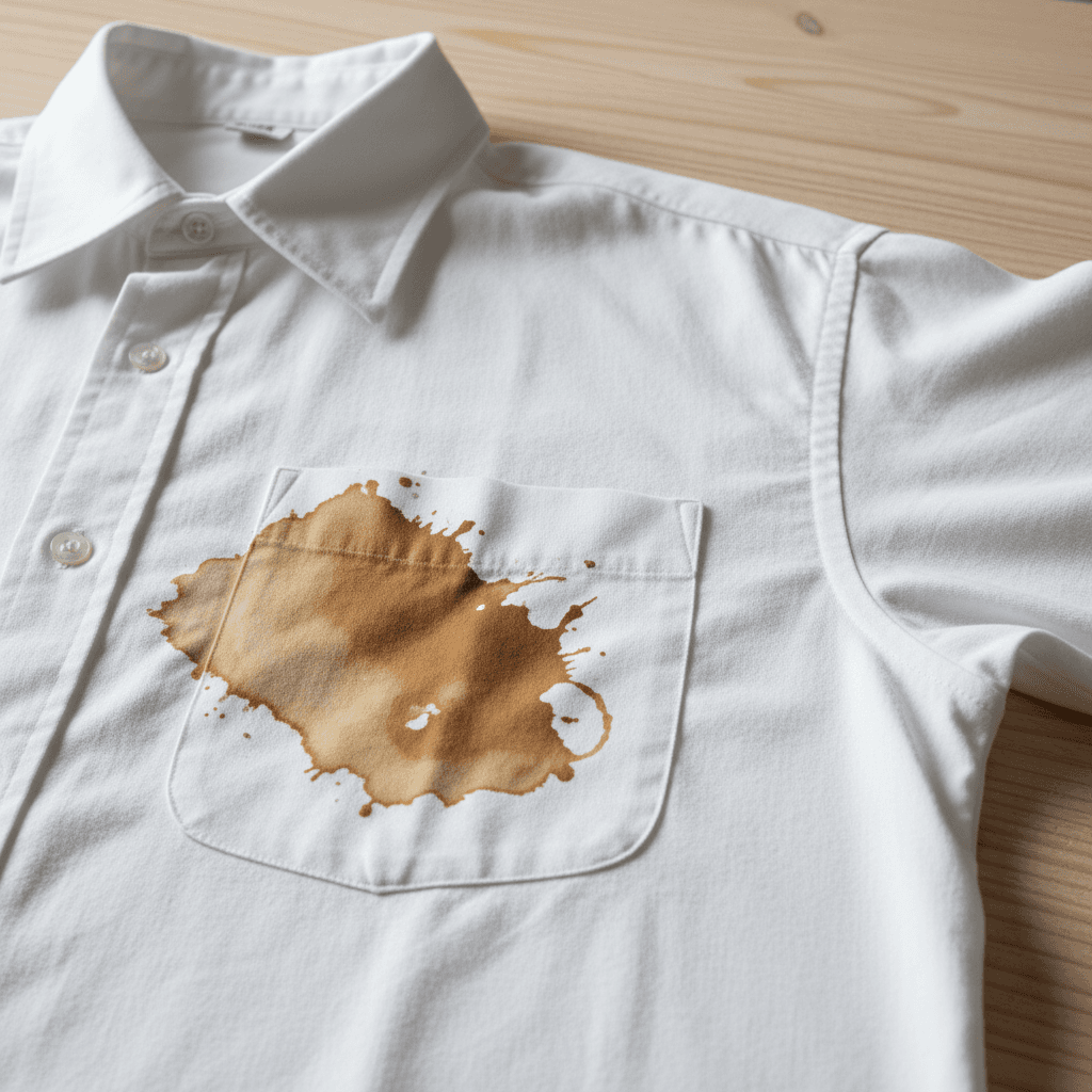 White work shirt, fresh coffee spill — before