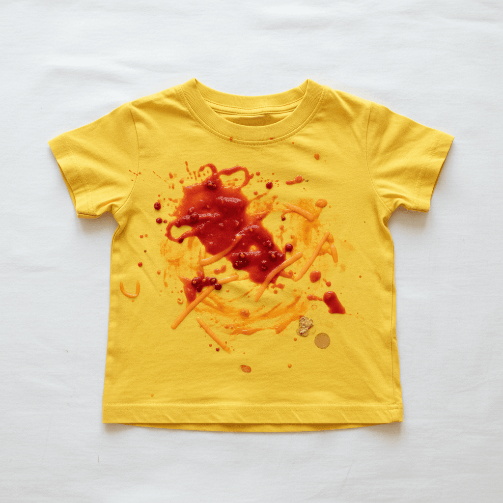 Kids' yellow tee, tomato sauce — before