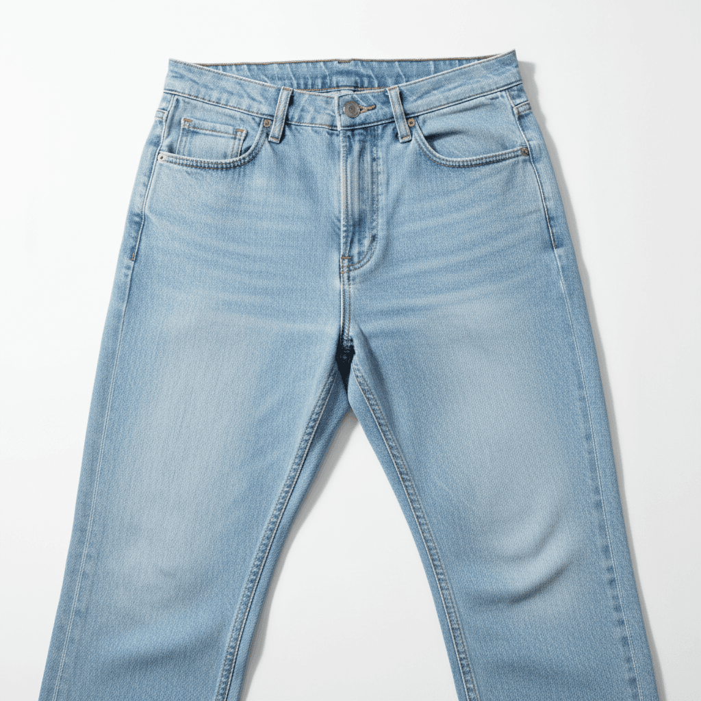 Light blue jeans, ground-in grass — after