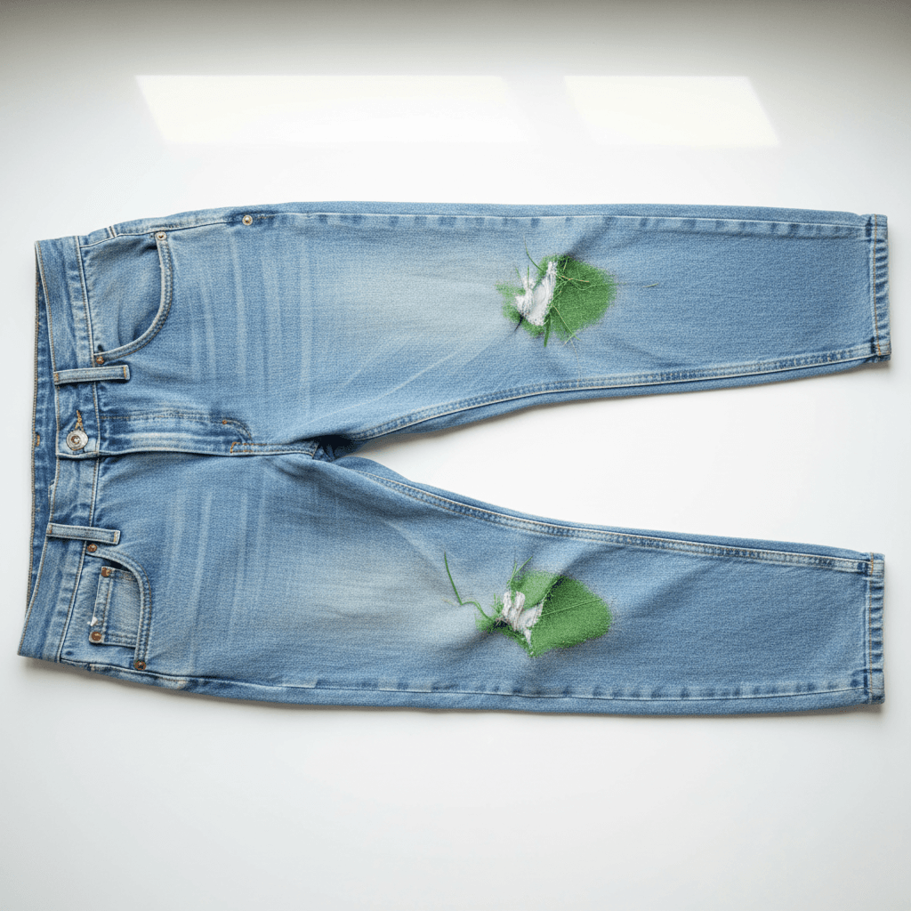 Light blue jeans, ground-in grass — before