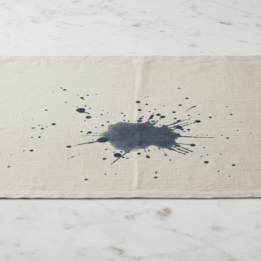 Beige linen tablecloth, ballpoint ink — before