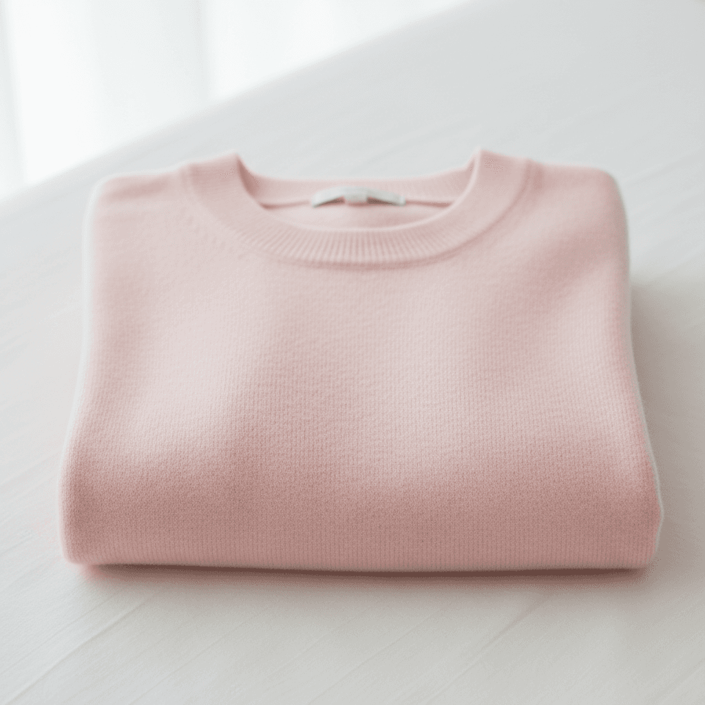 Pink cashmere sweater, makeup smears — after