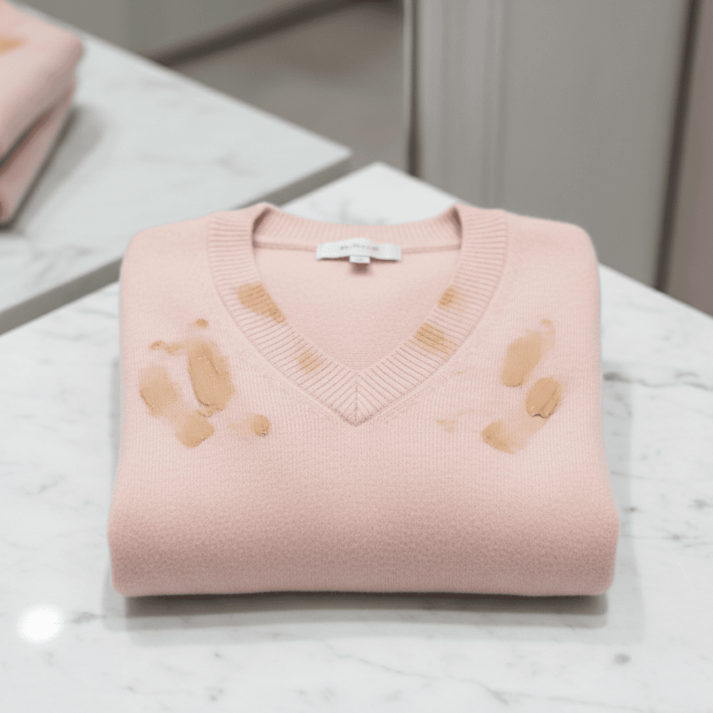 Pink cashmere sweater, makeup smears — before